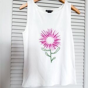 Sweaterworks White Tank Top with Beaded and Embroidered Pink Floral Design